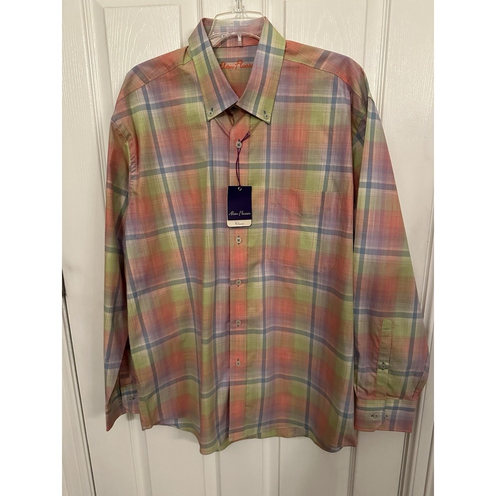 New Alan Flusser Pastel Plaid Men's Cotton Long Sleeve Button Shirt Large